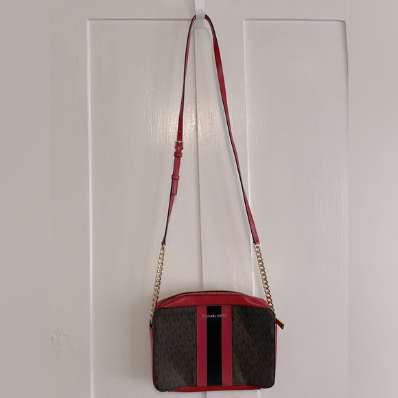 Michael Kors Jet Set Logo Stripe Crossbody Bag, Brown w/ Red Stripe, EUC! - Picture 4 of 10